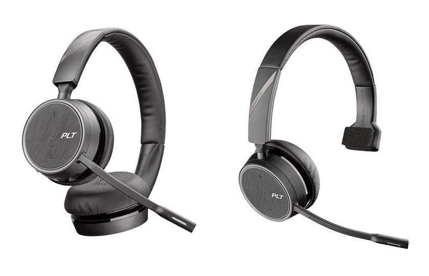 Two Voyager 4200 UC headsets with one setero wearing style and the other mono wearing style are on display.